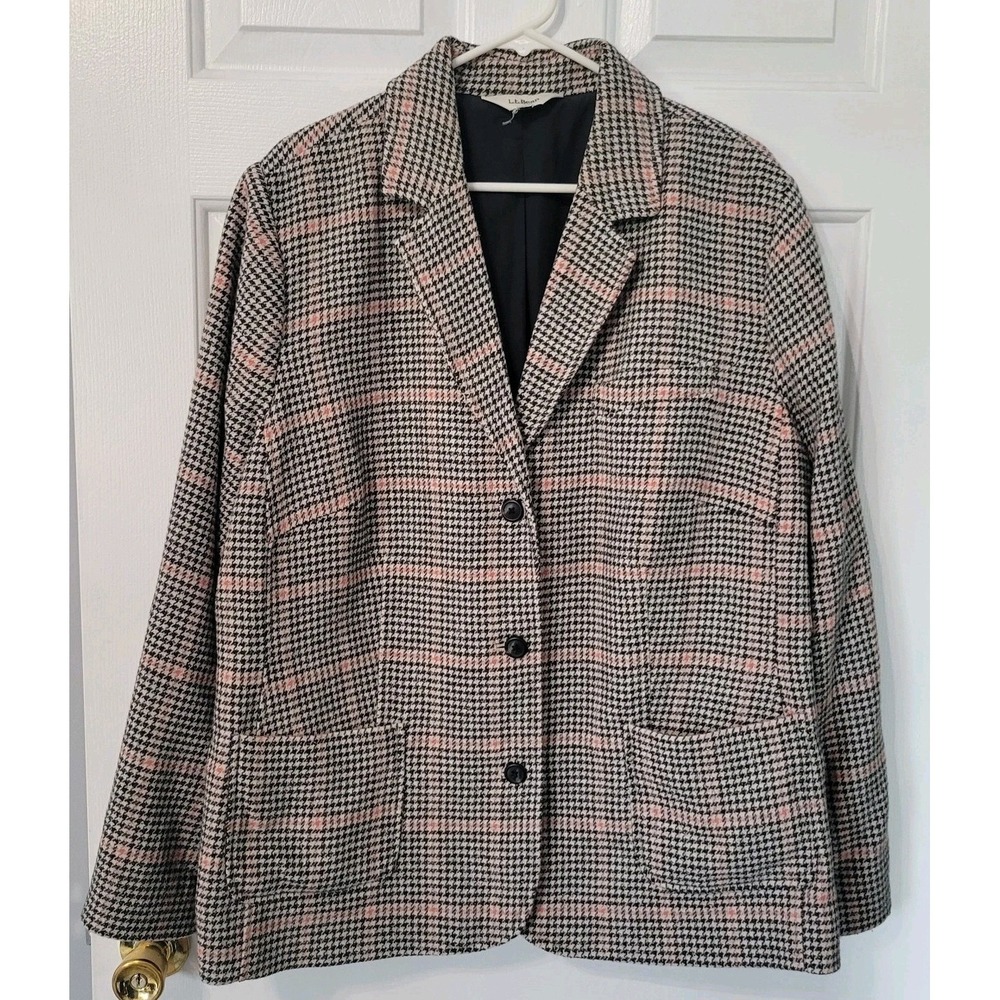 LL Bean Women's Houndstooth Plus  Size 1X/2X Wool Blend Blazer‎ Jacket Career